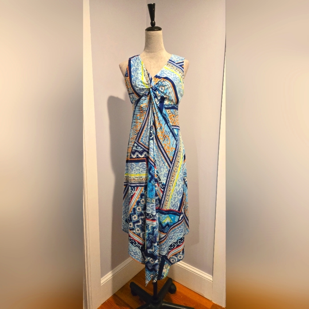 Chico's hankerchief hem empire dress twist Vneck blues &more sz 6ish P